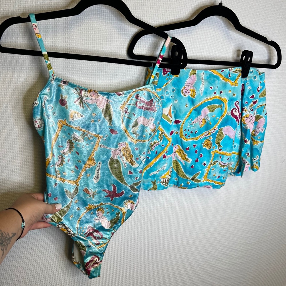 Moschino Mare Mermaid Print Swimsuit Set One Piece & Wrap Skirt Turquoise Italy